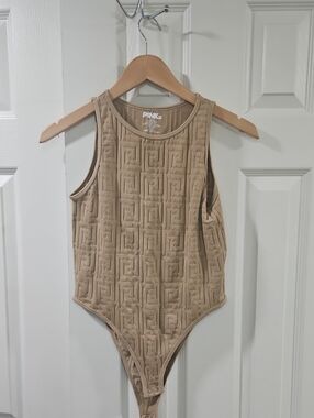 Pink.(dot) Beige Textured Tank Bodysuit